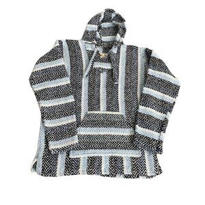 🔥EARTH RAGZ HOODIE🔥SURFER Mens Small Blue Baja MEXICAN Striped BOHO Pullover